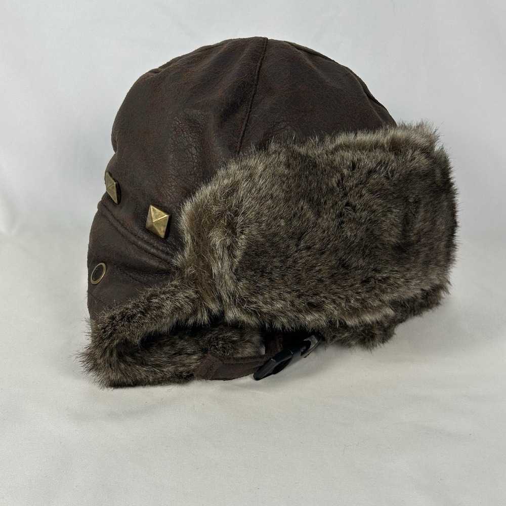 Vintage Grown Co Faux Fur Leather Trapper Hat Brown Gray Aviator Adjustable